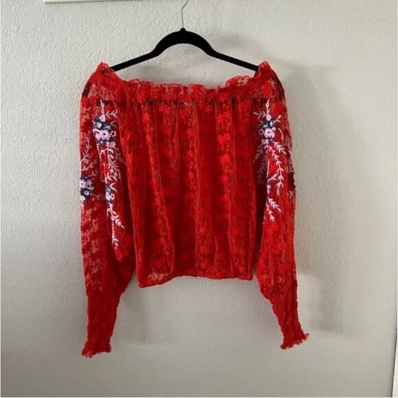 Free People Jubilee Embroidered Red Lace Blouse - Picture 8 of 9